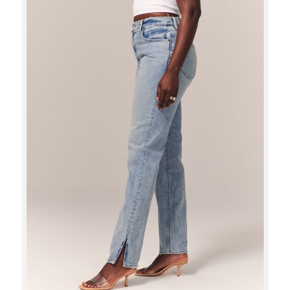 Abercrombie Slim Straight Ultra High Rise Curve Love Light Wash Split Hem Jean